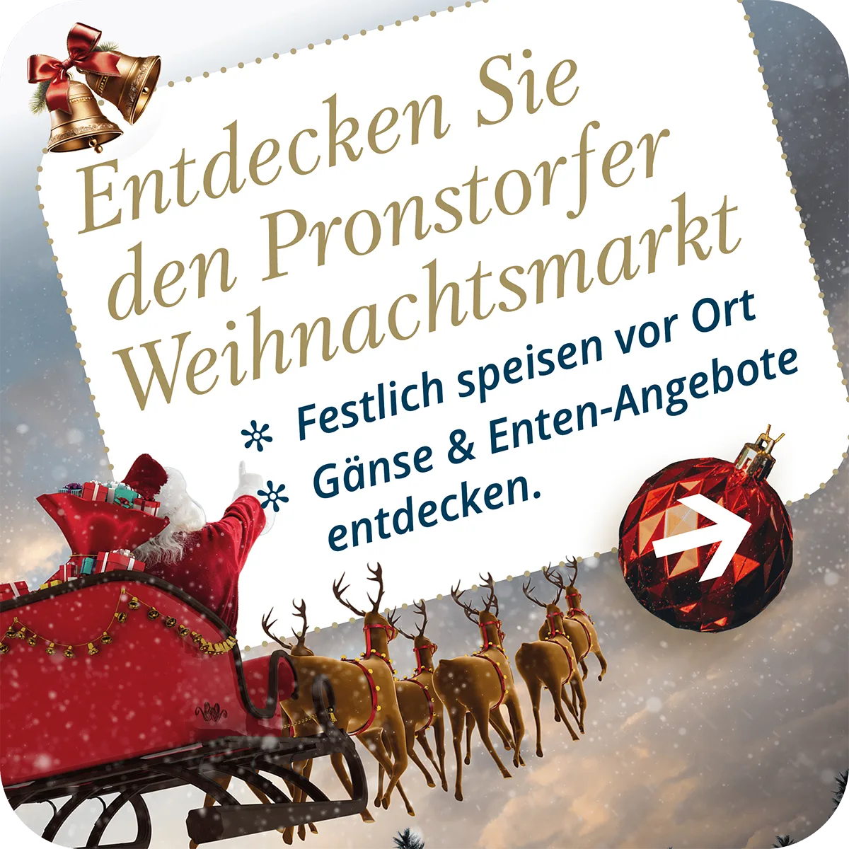 Entdecken Sie den Pronstorfer Weihnachtsmarkt: Festlich speisen vor Ort und Gänse- und Enten-Angebote entdecken.